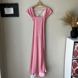 Siedres Dress Pink Sparkly Strappy Lace Up Cap Sleeve Maxi Dress w Slit Size L